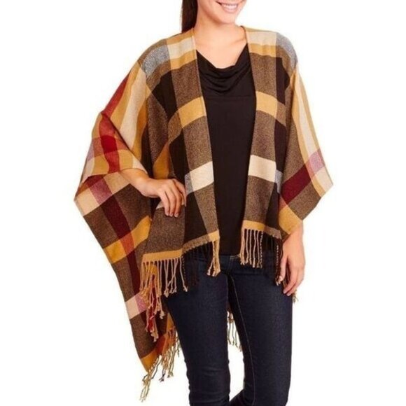 Made In China Jackets & Blazers - Plaid Open Front Fringe‎ Poncho Wrap